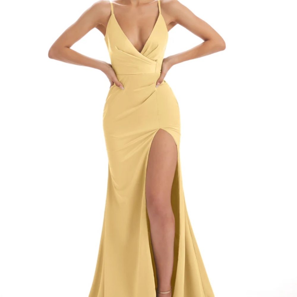 Gold Sexy Soft Satin Side Split Spaghetti Straps V neck Dress
